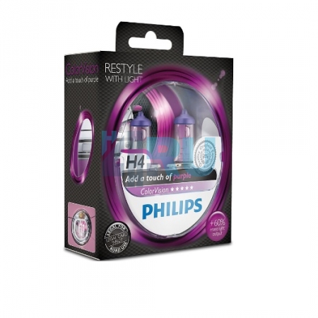 Автолампа PHILIPS H4 12V 60/55W P43t Color Vision Purple (12342CVP), EUROBOX-2шт