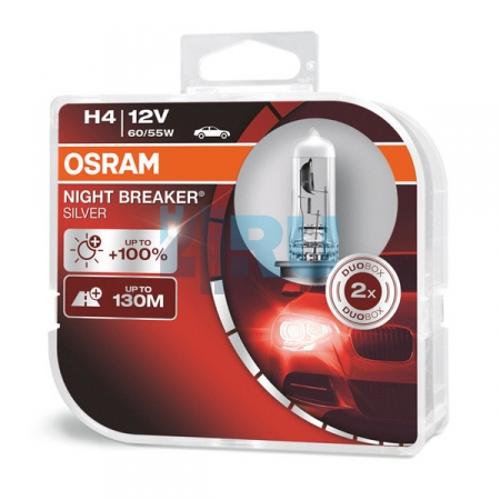 Автолампа OSRAM H4 12V 60/55W P43t +100% Night Breaker Silver (64193NBS), EUROBOX-2шт