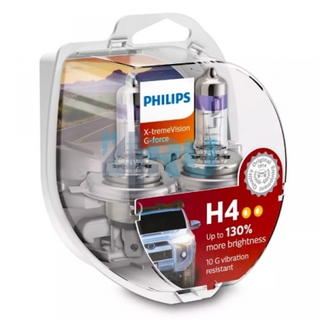 Автолампа PHILIPS H4 12V 60/55W +130% X-treme Vision G-FORCE (12342XVGS2), EUROBOX-2шт