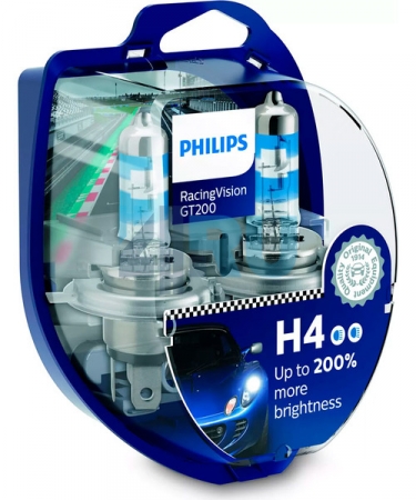 Автолампа PHILIPS H4 12V 60/55W +200% Racing Vision GT200 (12342RGT), EUROBOX-2шт